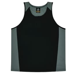 A black singlet with grey side panels, featuring a logo on the label area.