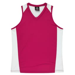 A maroon singlet with white side panels and a v-neck design, featuring a logo on the inside label.