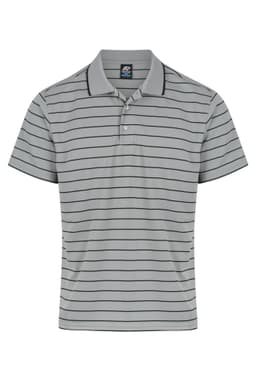 A grey striped polo shirt featuring a collar and short sleeves, with a logo on the label.