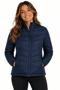 A navy blue women's jacket with a zip front and side pockets, featuring a branding logo.