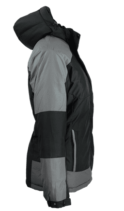 A black and grey jacket with a hood, featuring a logo on the side.