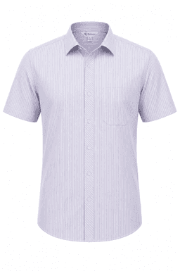 A short-sleeve, button-up men's shirt in light purple with a pocket and a logo.