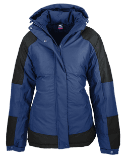 A navy blue jacket with black panels and a hood, featuring a zip closure and pockets.