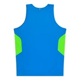 A blue singlet with green side panels and a small logo. Ideal for active wear.