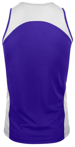 A purple and white men's singlet featuring a logo on the fabric.