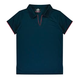 A dark navy polo shirt with a short collar and red trim, featuring a branding logo.