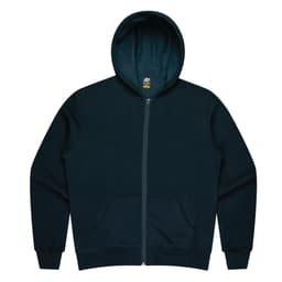 A navy blue hoodie featuring a zip front and a hood, with a kangaroo pocket and branding on the label.