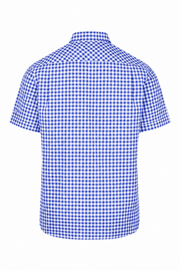 Short-sleeve button-up shirt in blue and white checkered pattern with a standard collar and no visible logos.