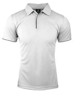 A white polo shirt with a collar and short sleeves, featuring a contrasting black trim and a logo on the collar.