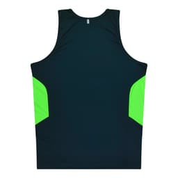 A black singlet with bright green side panels and a logo on the back.