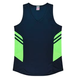 A navy singlet with bright green side panels and a branding logo on the neckline.