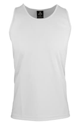 A white men's singlet made from a lightweight fabric, featuring a label and a simple design.