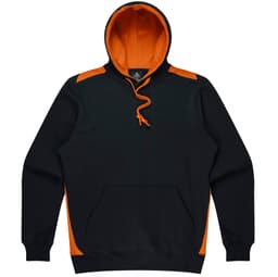 A black hoodie with orange accents and a front pocket, featuring a drawstring hood and a logo.