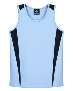 A light blue men's singlet with black side panels and a logo at the neckline.