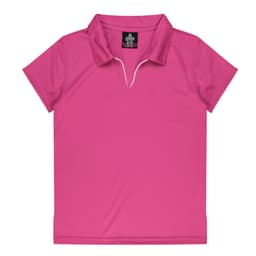 A pink polo shirt featuring a collar and a branding label on the inner neck.