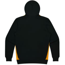 A black and yellow men's hoodie featuring a kangaroo pocket and a hood, with a logo on the front.