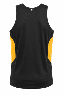 A black singlet with yellow side panels and a logo on the back.