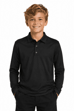 A black long-sleeve polo shirt for kids, featuring a collar and buttons, with a model smiling.