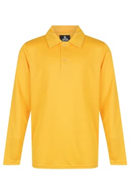 A long-sleeved polo shirt in bright yellow, featuring a collar and button placket, with a logo on the label.