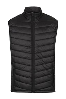 A black insulated work vest with a quilted design and zippered pockets. It features a high collar and a branding logo.