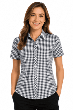 A short sleeve button-up shirt in a black and white gingham pattern, featuring a fitted design and a logo.