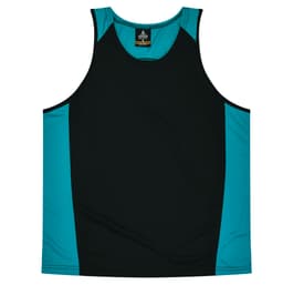 A black and teal singlet featuring contrasting side panels and a logo at the neckline.