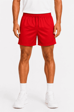 Red rugby men's shorts featuring an elastic waistband and a logo. Suitable for sports activities.