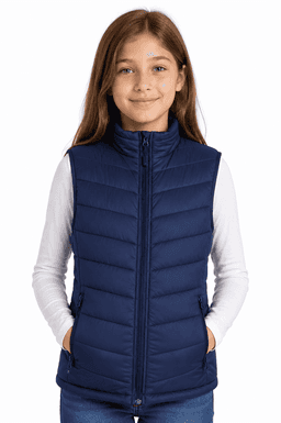 A navy blue padded vest for children, featuring a zip front and side pockets, worn by a girl.