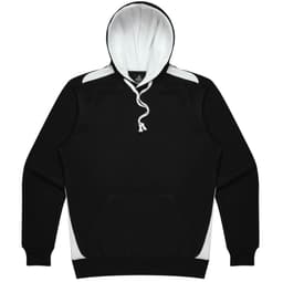 A black hoodie with white accents and a drawstring hood. Includes a front pocket and has a logo.