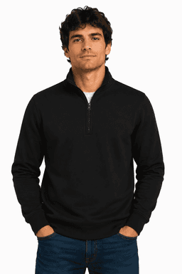 A black men's 1/4 zip sweater with a fitted collar, featuring a logo. Suitable for casual wear.