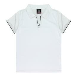 A white polo shirt with black trim and a collar, featuring a logo.