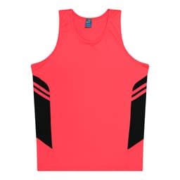 A bright pink singlet with black panels and stripes, featuring a logo on the neckline.