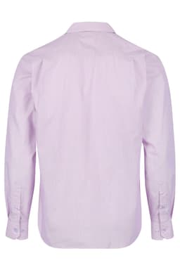 A long sleeve, button-up shirt in light purple with a horizontal stripe pattern and a branded logo.