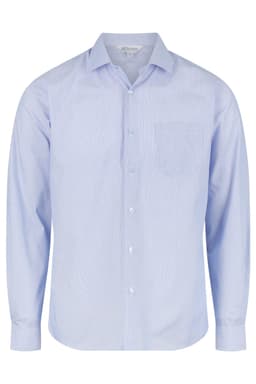 A light blue long sleeve button-up shirt with a chest pocket and a logo on the label.
