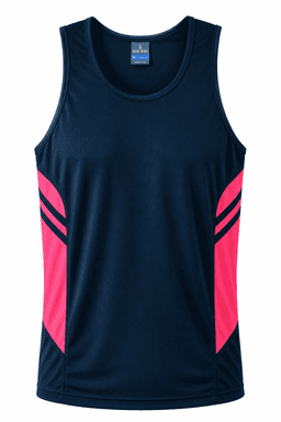 A navy blue singlet with pink side panels and a logo on the chest. Perfect for warm weather activities.
