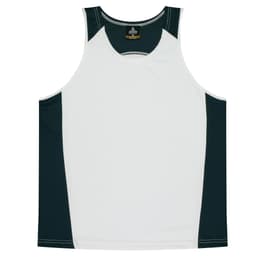 A white and dark green singlet featuring a logo, designed for kids.