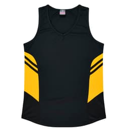 A black singlet with yellow accents and a logo. The design features a V-neck and sporty stripes.
