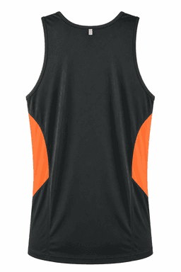 A black men's singlet with orange side panels and a logo on the back. Suitable for active wear.