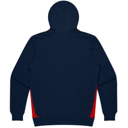 A navy hoodie with red side panels, featuring a hood and long sleeves, and displaying a logo.
