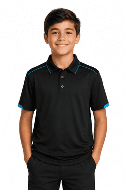 A black polo shirt with blue accents, suitable for kids, displayed on a smiling boy. The shirt has a logo.