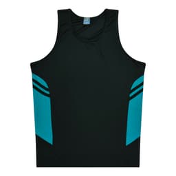 A black singlet featuring teal accents on the sides and a logo on the front.