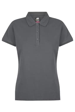 A grey polo shirt featuring a collar, three buttons, and short sleeves. The shirt has a logo on the label.