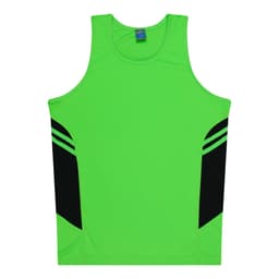 A bright green men's singlet featuring black side panels and a logo on the neckline.