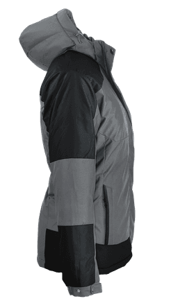 A women's jacket in grey and black, featuring an attached hood and zippered pockets. It has a logo on the front.