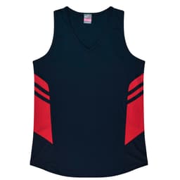 A navy singlet with red accents and a logo, featuring a V-neck design and sporty style.