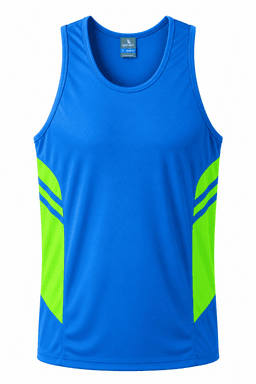 A blue singlet with green accents and a logo on the chest. Ideal for active wear.
