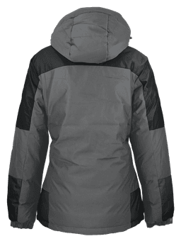 A jacket in grey with black accents, featuring a hood and a back view design. It has a logo.