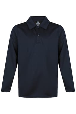 A long-sleeved navy polo shirt featuring a collar and buttons, with a logo on the chest. Ideal for casual wear.