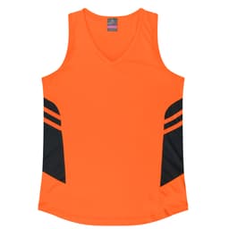 An orange singlet with black side panels and a v-neck design, featuring a logo on the label.