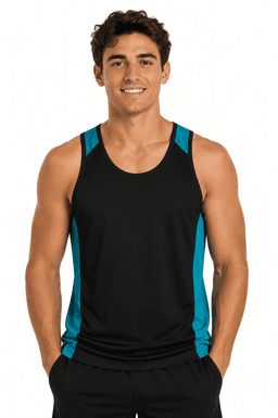 A man in a sleeveless black singlet with turquoise accents, featuring a logo on the chest.